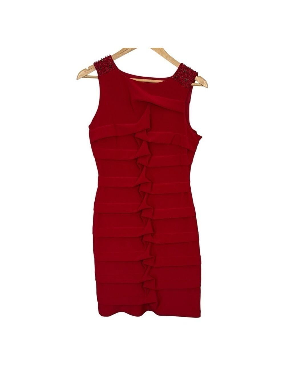 Adrianna Papell Bodycon Cocktail Dress Sz 8 Red Sleeveless Beaded Tight Sexy EUC